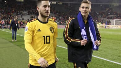 Eden Hazard and his brother Thorgan Hazard of Belgium celebrate the victory following the 2020 UEFA European Championships