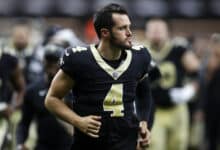 Derek Carr #4 of the New Orleans Saints looks on during a preseason game at Caesars Superdome on August 13, 2023 in New Orleans, Louisiana.