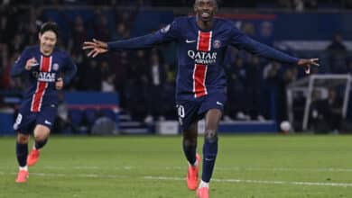 Ousmane Dembele of Paris Saint-Germain reacts after scoring during the Ligue 1 McDonald's match between Paris and Brest