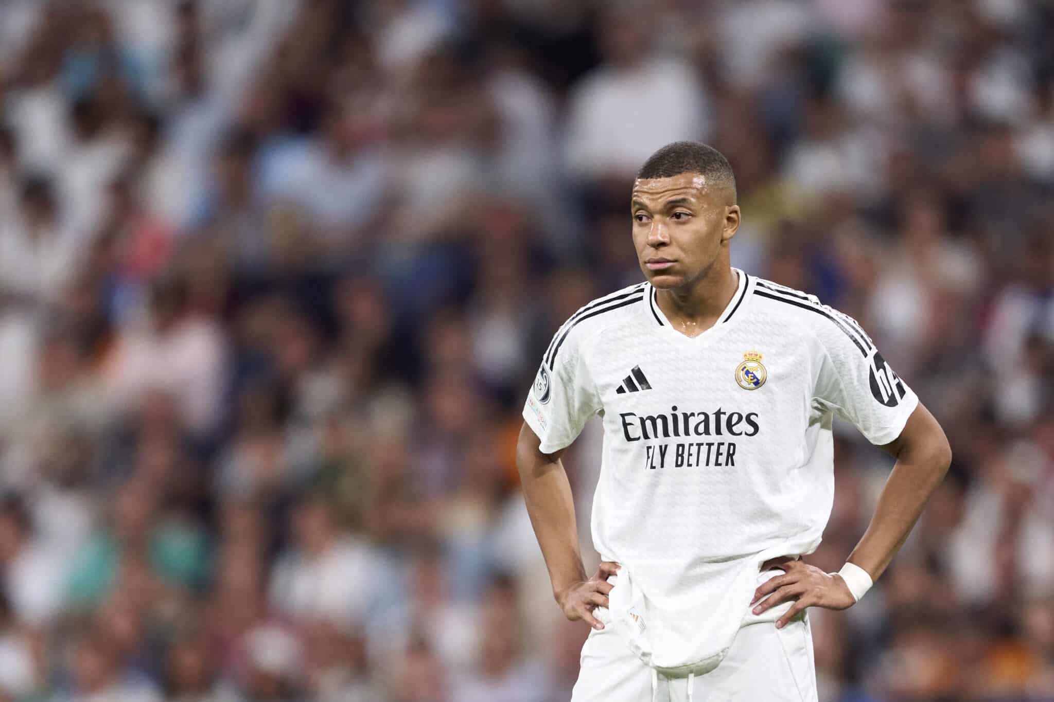 MADRID, SPAIN - SEPTEMBER 17: Kylian Mbappe of Real Madrid looks on during the UEFA Champions League 2024/25 League Phase MD1 match between Real Madrid CF and VfB Stuttgart at Estadio Santiago Bernabeu on September 17, 2024 in Madrid, Spain.