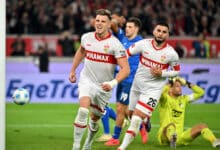 The Stuttgart players with scorer Ermedin Demirovic and Deniz Undav celebrate the 1:1 goal in stoppage time together, with beaten Hoffenheim.