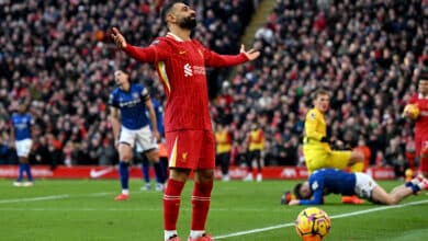 Mohamed Salah of Liverpool celebrates scoring his team's second goal during the Premier League match between Liverpool FC and Ipswich Town FC