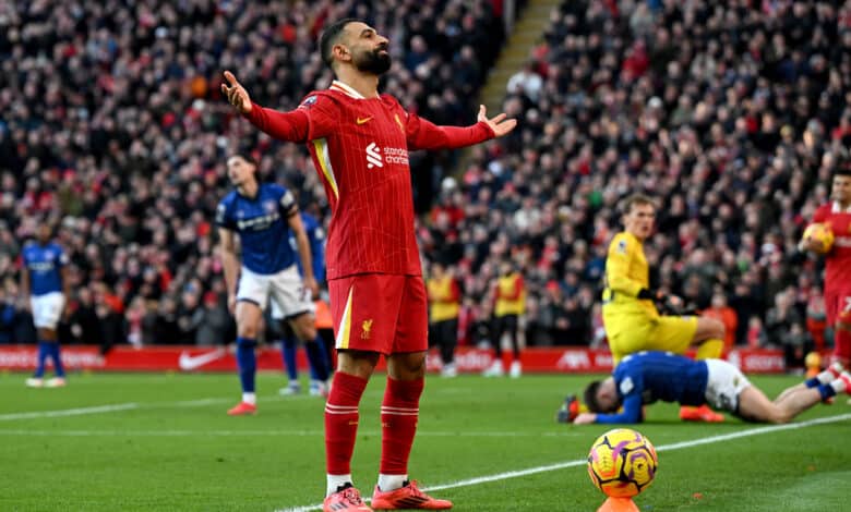 Mohamed Salah of Liverpool celebrates scoring his team's second goal during the Premier League match between Liverpool FC and Ipswich Town FC