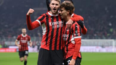 Joao Felix of AC Milan celebrates with team mates Santiago Gimenez and Rafael Leao after scoring during the Coppa Italia Quarter Final match