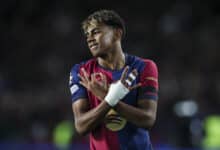 Lamine Yamal of FC Barcelona celebrates after scoring a goal, during the UEFA Champions League 2024/25