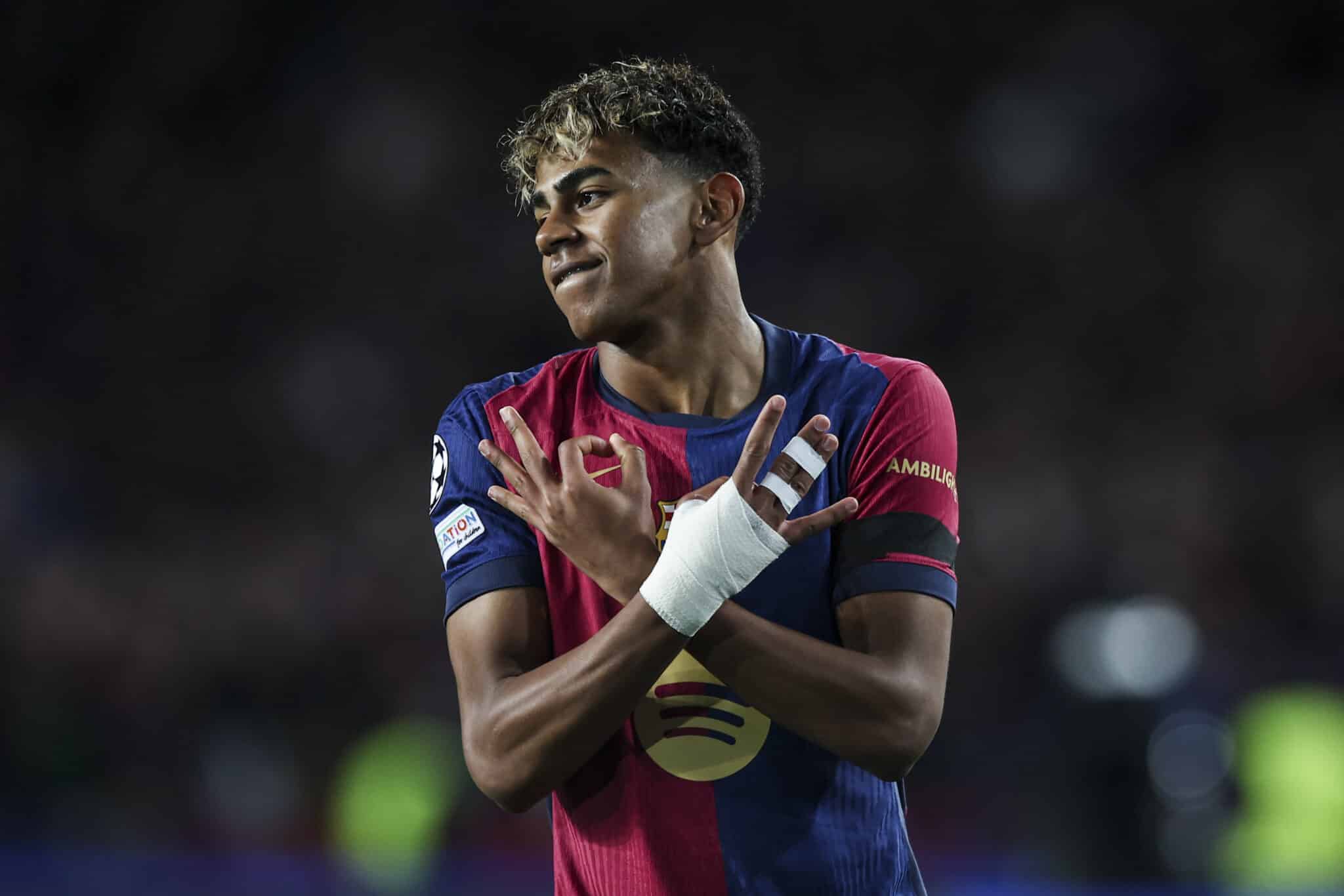 Lamine Yamal of FC Barcelona celebrates after scoring a goal, during the UEFA Champions League 2024/25