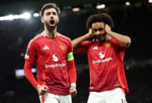 MANCHESTER, ENGLAND - MARCH 13: Bruno Fernandes of Manchester United celebrates scoring his team's first goal from the penalty spot during the UEFA Europa League 2024/25 Round of 16 Second Leg match between Manchester United and Real Sociedad de Futbol at Old Trafford on March 13, 2025 in Manchester, England.