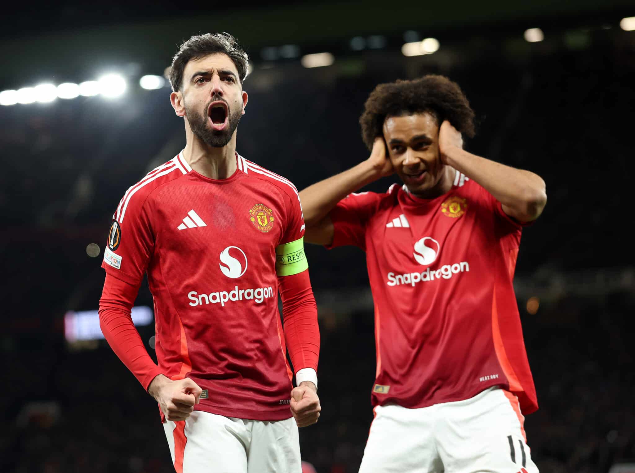 MANCHESTER, ENGLAND - MARCH 13: Bruno Fernandes of Manchester United celebrates scoring his team's first goal from the penalty spot during the UEFA Europa League 2024/25 Round of 16 Second Leg match between Manchester United and Real Sociedad de Futbol at Old Trafford on March 13, 2025 in Manchester, England.