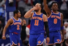 DETROIT, MICHIGAN - MAY 01: Jalen Brunson #11 of the New York Knicks celebrates after making a three-point basket late during the fourth quarter against the Detroit Pistons in Game Six of the Eastern Conference First Round NBA Playoffs at Little Caesars Arena on May 01, 2025 in Detroit, Michigan. NOTE TO USER: User expressly acknowledges and agrees that, by downloading and or using this photograph, User is consenting to the terms and conditions of the Getty Images License Agreement.