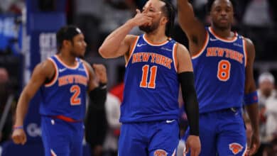 DETROIT, MICHIGAN - MAY 01: Jalen Brunson #11 of the New York Knicks celebrates after making a three-point basket late during the fourth quarter against the Detroit Pistons in Game Six of the Eastern Conference First Round NBA Playoffs at Little Caesars Arena on May 01, 2025 in Detroit, Michigan. NOTE TO USER: User expressly acknowledges and agrees that, by downloading and or using this photograph, User is consenting to the terms and conditions of the Getty Images License Agreement.