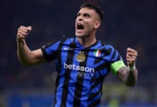 Lautaro Martinez of FC Internazionale celebrates winning the match against FC Barcelona during the UEFA Champions League 2024/25 Semi Final Second Leg match between FC Internazionale Milano and FC Barcelona at Giuseppe Meazza Stadium on May 06, 2025 in Milan, Italy.