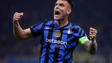 Lautaro Martinez of FC Internazionale celebrates winning the match against FC Barcelona during the UEFA Champions League 2024/25 Semi Final Second Leg match between FC Internazionale Milano and FC Barcelona at Giuseppe Meazza Stadium on May 06, 2025 in Milan, Italy.