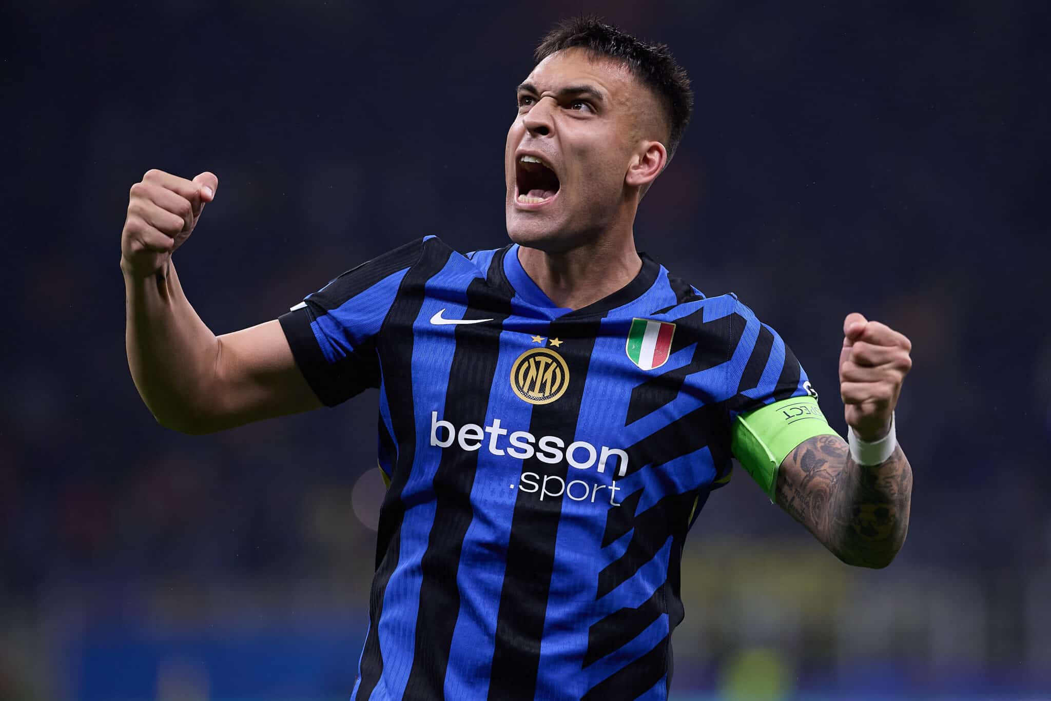 Lautaro Martinez of FC Internazionale celebrates winning the match against FC Barcelona during the UEFA Champions League 2024/25 Semi Final Second Leg match between FC Internazionale Milano and FC Barcelona at Giuseppe Meazza Stadium on May 06, 2025 in Milan, Italy.