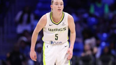 ARLINGTON, TEXAS - MAY 10: Paige Bueckers #5 of the Dallas Wings looks on during the second half of a preseason game against the Toyota Antelopes at College Park Center on May 10, 2025 in Arlington, Texas. NOTE TO USER: User expressly acknowledges and agrees that, by downloading and or using this photograph, User is consenting to the terms and conditions of the Getty Images License Agreement.
