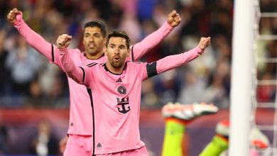 FOXBOROUGH, MASSACHUSETTS - APRIL 27: Luis Suárez #9 and Lionel Messi #10 of Inter Miami celebrate the goal of Benjamin Cremaschi #30 during the second half in the game against the New England Revolution at Gillette Stadium on April 27, 2024 in Foxborough, Massachusetts.