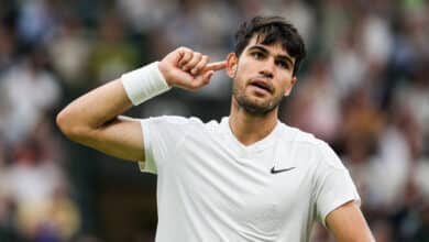 LONDON, ENGLAND - JULY 09: Carlos Alcaraz of Spain reacts in the Men's Singles quarter finals match against Tommy Paul of the United States during day nine of The Championships Wimbledon 2024 at All England Lawn Tennis and Croquet Club on July 09, 2024 in London, England.