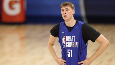 CHICAGO, ILLINOIS - MAY 13: Cooper Flagg #51 looks on during the 2025 NBA Draft Combine at Wintrust Arena on May 13, 2025 in Chicago, Illinois.