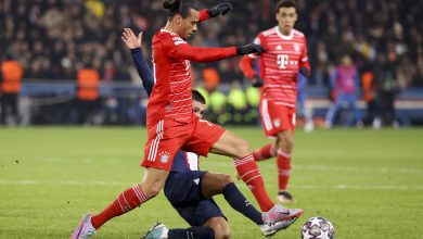 PARIS, FRANCE - FEBRUARY 14: Leroy Sane of Bayern Munich during the UEFA Champions League round of 16 leg one match between Paris Saint-Germain (PSG) and FC Bayern Muenchen (Bayern Munich, Bayern München) at Parc des Princes stadium on February 14, 2023 in Paris, France.