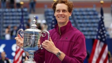 Jannik Sinner of Italy celebrates with the winners trophy after defeating Taylor Fritz of the United States to win the Men's Singles Final on Day Fourteen of the 2024 US Open