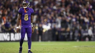 BALTIMORE, MARYLAND - NOVEMBER 7: Lamar Jackson #8 of the Baltimore Ravens looks on during an NFL football game against the Cincinnati Bengals at M&T Bank Stadium on November 7, 2024 in Baltimore, Maryland.
