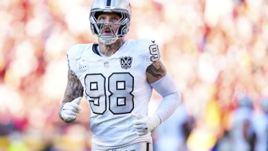 KANSAS CITY, MO - NOVEMBER 29: Maxx Crosby #98 of the Las Vegas Raiders runs across the field during an NFL football game against the Kansas City Chiefs at GEHA Field at Arrowhead Stadium on November 29, 2024 in Kansas City, Missouri.
