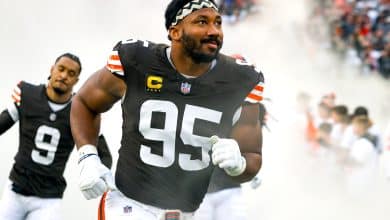 CLEVELAND, OH - DECEMBER 29: Cleveland Browns defensive end Myles Garrett (95) takes the field prior to the National Football League game between the Miami Dolphins and Cleveland Browns on December 29, 2024, at Huntington Bank Field in Cleveland, OH.