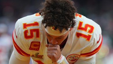 Football: Super Bowl LIX: Kansas City Chiefs Patrick Mahomes (15) in action, kneels prior to game vs Philadelphia Eagles at Caesar's Superdome. New Orleans, LA 2/9/2025 CREDIT: Erick W. Rasco