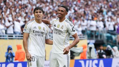 MIAMI GARDENS, FLORIDA - JULY 01: Gonzalo Garcia of Real Madrid C.F. celebrates scoring his team's first goal with Trent Alexander-Arnold of Real Madrid C.F. during the FIFA Club World Cup 2025 round of 16 match between Real Madrid CF and Juventus FC at Hard Rock Stadium on July 01, 2025 in Miami Gardens, Florida.