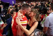 LAS VEGAS, NEVADA - FEBRUARY 11: Travis Kelce #87 of the Kansas City Chiefs and Taylor Swift embrace after defeating the San Francisco 49ers in overtime during Super Bowl LVIII at Allegiant Stadium on February 11, 2024 in Las Vegas, Nevada.