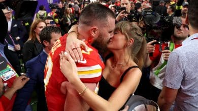 LAS VEGAS, NEVADA - FEBRUARY 11: Travis Kelce #87 of the Kansas City Chiefs and Taylor Swift embrace after defeating the San Francisco 49ers in overtime during Super Bowl LVIII at Allegiant Stadium on February 11, 2024 in Las Vegas, Nevada.