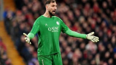 Gigi Donnarumma celebrating at Anfield