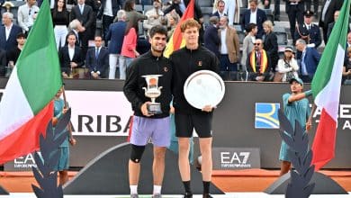 ROME, ITALY - MAY 18: Carlos Alcaraz of Spain poses with the trophy as he celebrates victory alongside runner up Jannik Sinner of Italy following the Men's Singles Final match on Day Fourteen of the Internazionali BNL D'Italia 2025 at Foro Italico on May 18, 2025 in Rome, Italy.
