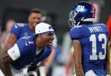 Malik Nabers #1 of the New York Giants celebrates with Jalin Hyatt #13 of the New York Giants