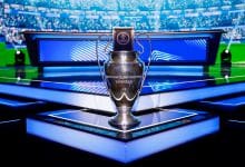MONACO, MONACO - AUGUST 27: The UEFA Champions League trophy is seen on the stage ahead of the UEFA Champions League 2025/26 League Phase Draw at Grimaldi Forum on August 27, 2025 in Monaco, Monaco.