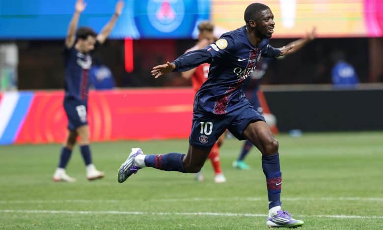 ATLANTA, GEORGIA - JULY 05: Ousmane Dembele #10 of Paris Saint-Germain celebrates scoring his team's second goal during the FIFA Club World Cup 2025 quarter-final match between Paris Saint-Germain and FC Bayern München at Mercedes-Benz Stadium on July 05, 2025 in Atlanta, Georgia.