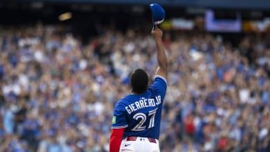 TORONTO, CANADA - SEPTEMBER 27: Vladimir Guerrero Jr. #27 of the Toronto Blue Jays celebrates a 5-1 win over the Tampa Bay Rays in their MLB game at the Rogers Centre on September 27, 2025 in Toronto, Canada.