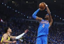 OKLAHOMA CITY, OKLAHOMA - JUNE 08: Shai Gilgeous-Alexander #2 of the Oklahoma City Thunder attempts a jump shot against Tyrese Haliburton #0 of the Indiana Pacers during the first quarter in Game Two of the 2025 NBA Finals at Paycom Center on June 08, 2025 in Oklahoma City, Oklahoma. NOTE TO USER: User expressly acknowledges and agrees that, by downloading and or using this photograph, User is consenting to the terms and conditions of the Getty Images License Agreement.