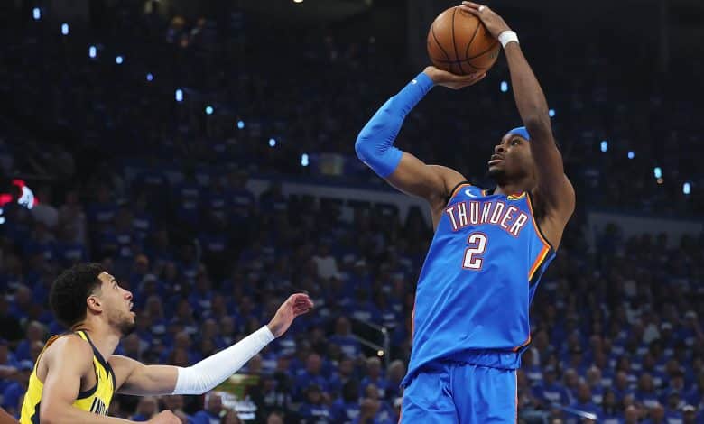 OKLAHOMA CITY, OKLAHOMA - JUNE 08: Shai Gilgeous-Alexander #2 of the Oklahoma City Thunder attempts a jump shot against Tyrese Haliburton #0 of the Indiana Pacers during the first quarter in Game Two of the 2025 NBA Finals at Paycom Center on June 08, 2025 in Oklahoma City, Oklahoma. NOTE TO USER: User expressly acknowledges and agrees that, by downloading and or using this photograph, User is consenting to the terms and conditions of the Getty Images License Agreement.
