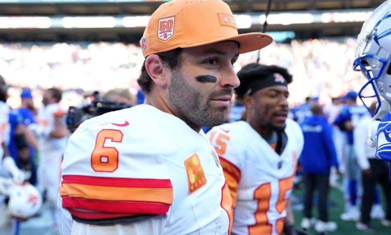 SEATTLE, WASHINGTON - OCTOBER 05: Baker Mayfield #6 of the Tampa Bay Buccaneers looks on after the game against the Seattle Seahawks at Lumen Field on October 05, 2025 in Seattle, Washington.