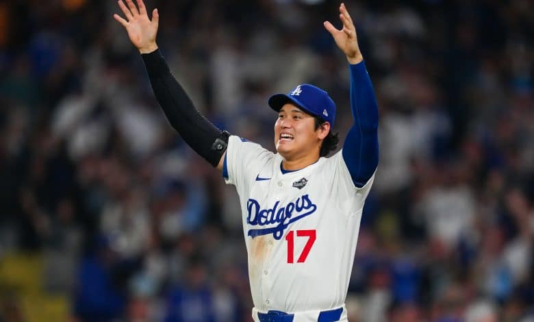 LOS ANGELES, CA - OCTOBER 27: Shohei Ohtani #17 of the Los Angeles Dodgers celebrates after defeating the Toronto Blue Jays in Game Three of the 2025 World Series presented by Capital One at Dodger Stadium on Monday, October 27, 2025 in Los Angeles, California.