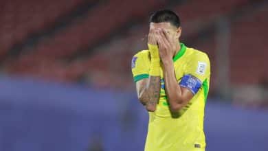 SANTIAGO, CHILE - OCTOBER 1: Iago Teodoro of Brazil reacts after the FIFA U-20 World Cup Chile 2025 Group C match between Brazil and Morocco at Estadio Nacional Julio Martínez Prádanos on October 1, 2025 in Santiago, Chile.