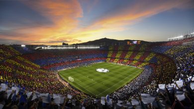 BARCELONA, SPAIN - MAY 01: (EDITORS NOTE: Images is a digital [panoramic] composite.) A general view of the tifo display before the UEFA Champions League Semi Final first leg match between Barcelona and Liverpool at the Nou Camp on May 01, 2019 in Barcelona, Spain.