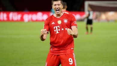 Bundesliga - BERLIN, GERMANY - JULY 04: Robert Lewandowski of Bayern Muenchen celebrates scoring the 4th team goal during the DFB Cup final match between Bayer 04 Leverkusen and FC Bayern Muenchen at Olympiastadion on July 04, 2020 in Berlin, Germany.