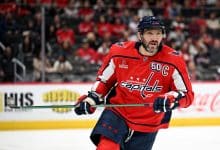 WASHINGTON, DC - NOVEMBER 02: Alex Ovechkin #8 of the Washington Capitals skates down the ice against the Columbus Blue Jackets at Capital One Arena on November 02, 2024 in Washington, DC.