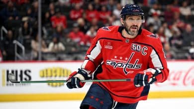 WASHINGTON, DC - NOVEMBER 02: Alex Ovechkin #8 of the Washington Capitals skates down the ice against the Columbus Blue Jackets at Capital One Arena on November 02, 2024 in Washington, DC.