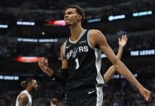 DALLAS, TEXAS - OCTOBER 22: Victor Wembanyama #1 of the San Antonio Spurs reacts to an officials call during the first half against the Dallas Mavericks at American Airlines Center on October 22, 2025 in Dallas, Texas. NOTE TO USER: User expressly acknowledges and agrees that, by downloading and or using this photograph, User is consenting to the terms and conditions of the Getty Images License Agreement.