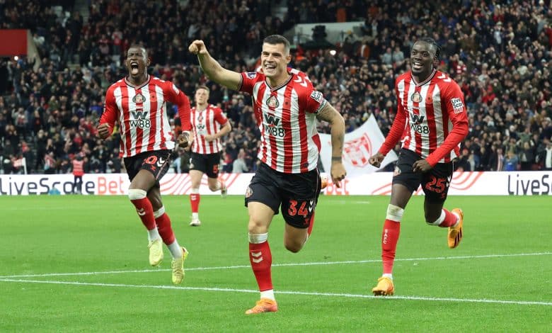 SUNDERLAND, ENGLAND - NOVEMBER 3: Granit Xhaka of Sunderland celebrates scoring the first Sunderland goal during the Premier League match between Sunderland and Everton at Stadium of Light on November 3, 2025 in Sunderland, United Kingdom.