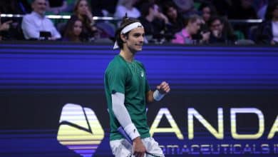 ATHENS, GREECE - NOVEMBER 7: Lorenzo Musetti of Italy in action against Sebastian Korda (not seen) of the United States during the Hellenic Championship ATP 250 semifinal tennis match, at OAKA Olympic Athletic Center in Athens, Greece, on November 7, 2025.
