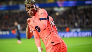 BRUGES, BELGIUM - NOVEMBER 05: Lamine Yamal of FC Barcelona celebrates scoring his team's second goal during the UEFA Champions League 2025/26 League Phase MD4 match between Club Brugge KV and FC Barcelona at Jan Breydelstadion on November 05, 2025 in Bruges, Belgium.