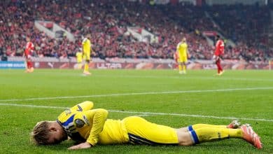 GENEVA, SWITZERLAND - NOVEMBER 15: Daniel Svensson of Sweden on the ground during the FIFA World Cup 2026 qualifier match between Switzerland and Sweden at Stade de Geneve on November 15, 2025 in Geneva, Switzerland.